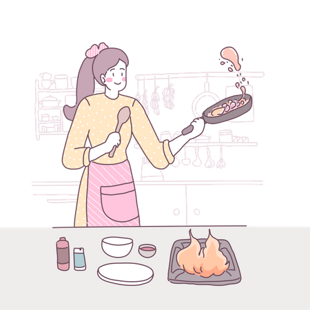 Mujer cocinando en la cocina  Ilustración