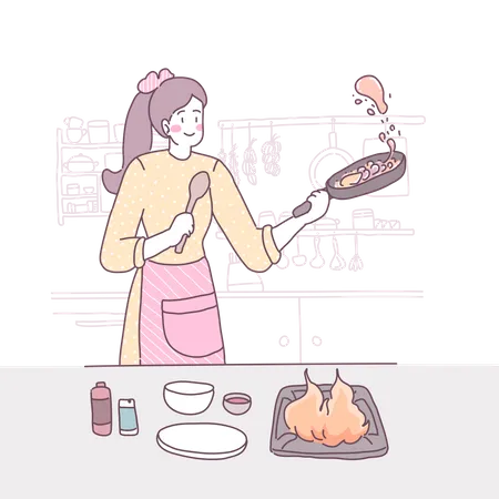 Mujer cocinando en la cocina  Ilustración