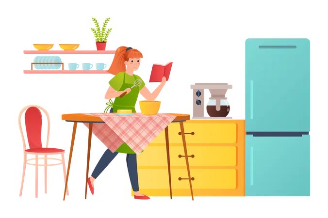 Mujer cocinando en la cocina  Ilustración
