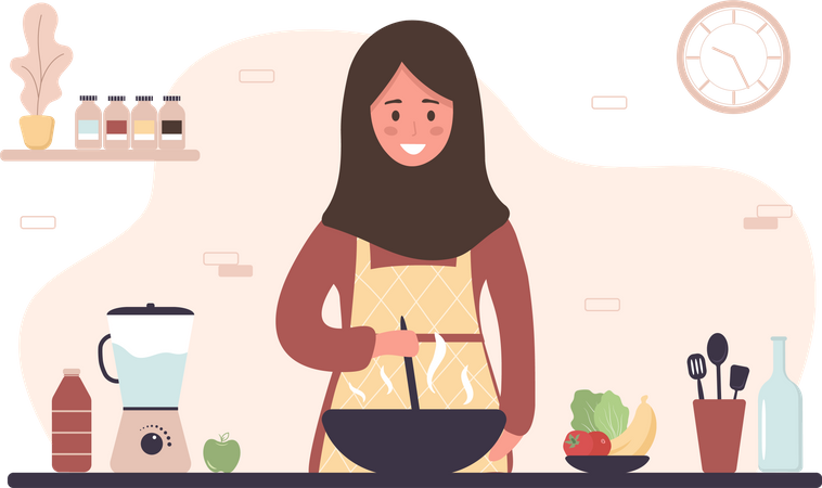 Mujer cocinando en la cocina  Ilustración