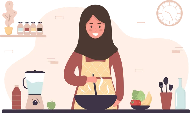 Mujer cocinando en la cocina  Ilustración