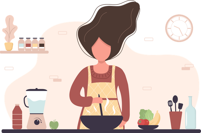 Mujer cocinando en la cocina  Ilustración