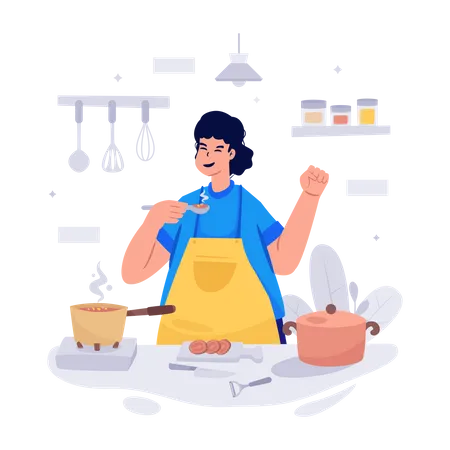 Mujer cocinando en la cocina.  Ilustración