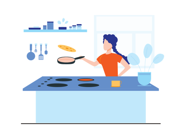 Mujer cocinando en la cocina  Ilustración