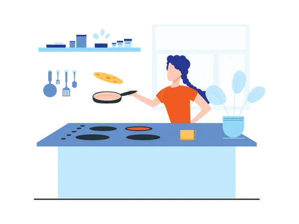 Mujer cocinando en la cocina  Ilustración