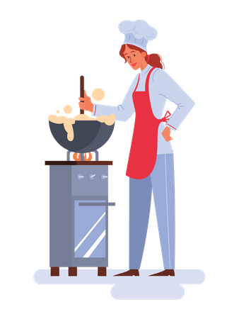 Mujer cocinando en la cocina  Ilustración