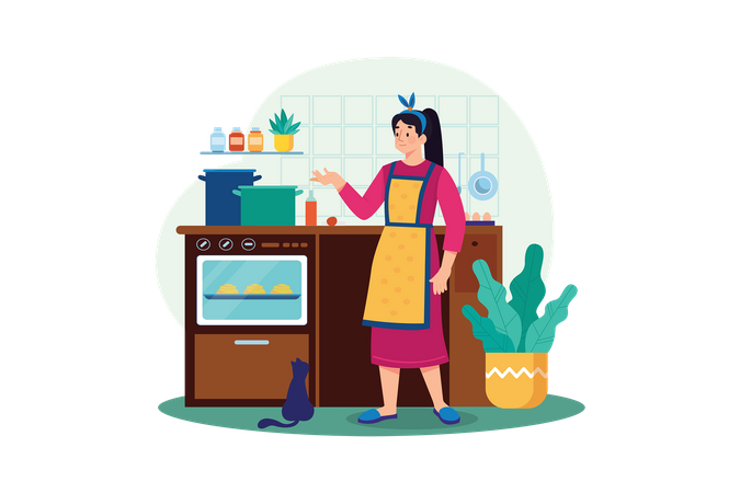 Mujer cocinando en la cocina  Ilustración