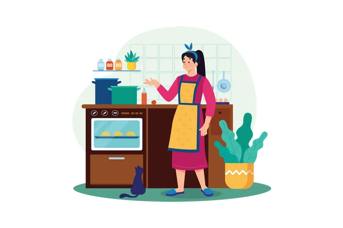 Mujer cocinando en la cocina  Ilustración