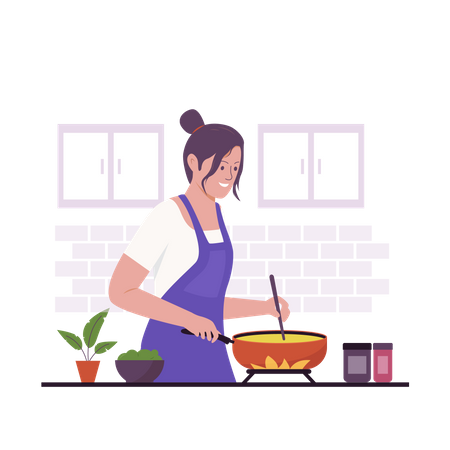 Mujer cocinando en la cocina  Ilustración