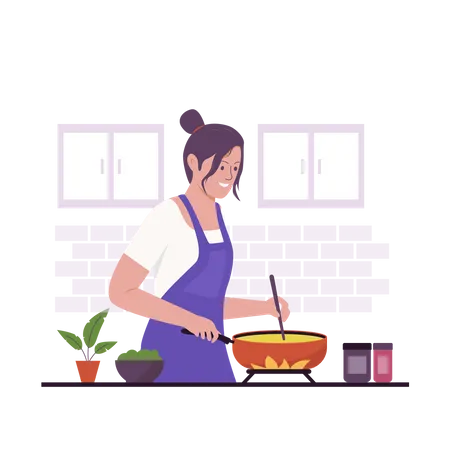 Mujer cocinando en la cocina  Ilustración