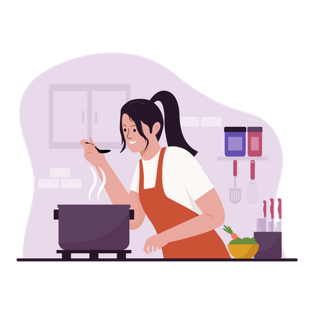 Mujer cocinando en la cocina  Ilustración