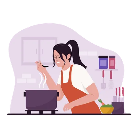 Mujer cocinando en la cocina  Ilustración