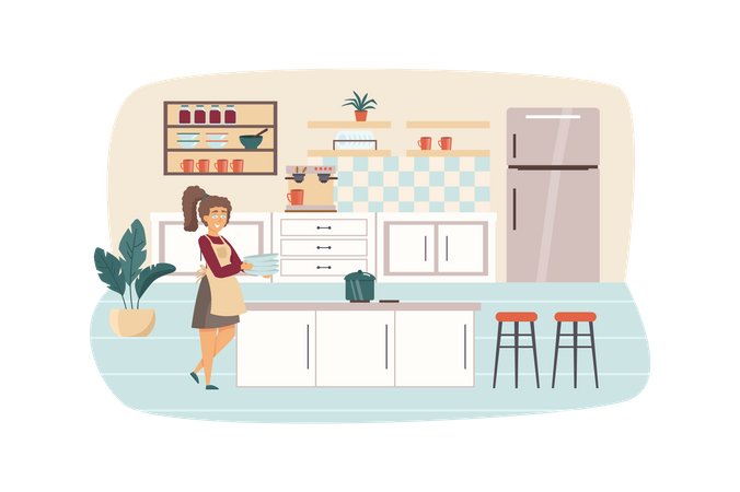 Mujer cocinando en la escena de la cocina. El ama de casa sostiene los platos, la sartén está en la estufa, preparando el desayuno o el almuerzo. Concepto de hogar y rutina diaria. Ilustración vectorial de personajes de personas en diseño plano  Ilustración