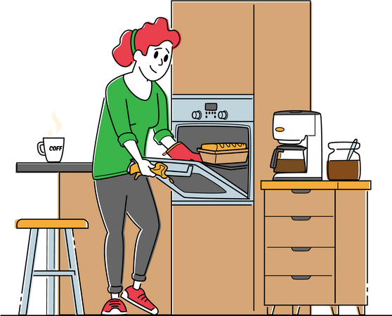 Horneados de cocina femeninos ponen panecillos crudos en el horno en la cocina  Ilustración