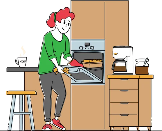 Horneados de cocina femeninos ponen panecillos crudos en el horno en la cocina  Ilustración