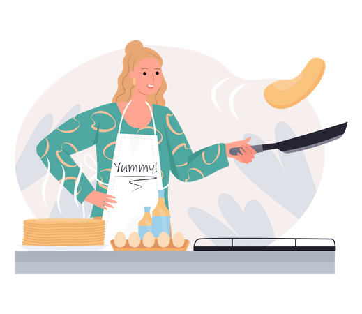 Mujer cocinando huevo frito  Ilustración
