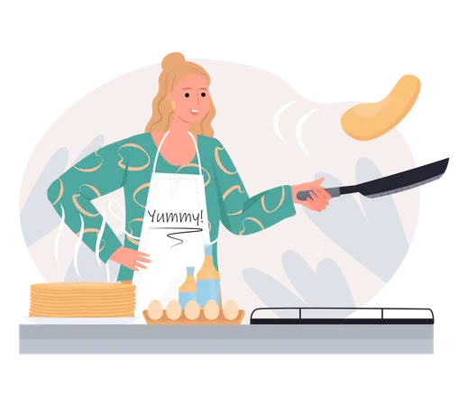 Mujer cocinando huevo frito  Ilustración