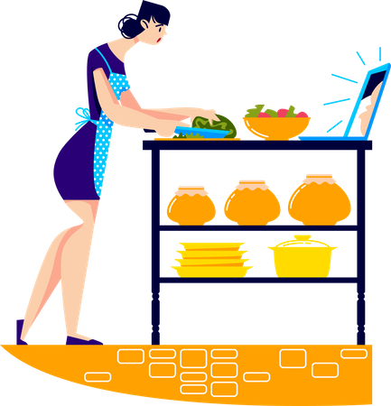 Mujer cocinando la cena mientras mira el tutorial de cocina.  Ilustración