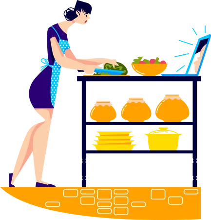 Mujer cocinando la cena mientras mira el tutorial de cocina.  Ilustración