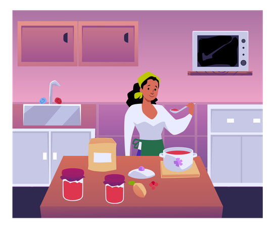 Una mujer cocina mermelada en la cocina y la prueba. Una persona prepara un postre casero de mermelada de frutas o bayas.  Ilustración