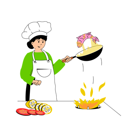 Mujer cocinando pescado frito  Ilustración