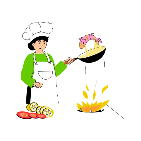 Mujer cocinando pescado frito  Ilustración