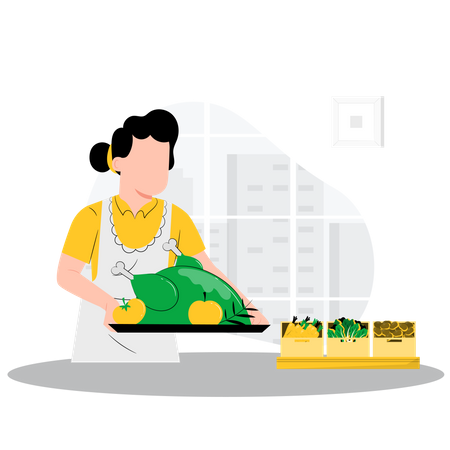 Mujer cocinando pollo  Ilustración