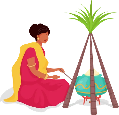 Mujer cocina comida tradicional  Ilustración