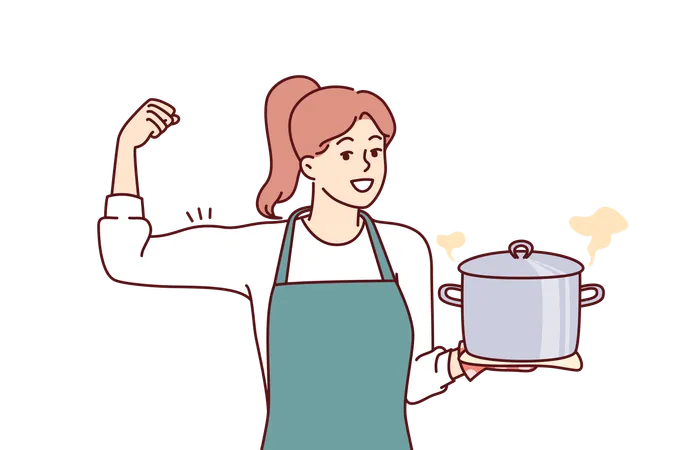 Mujer cocinera sostiene olla  Ilustración