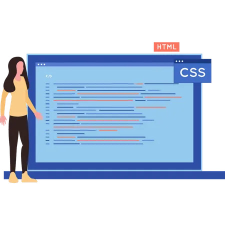Mujer codificando CSS en una computadora portátil  Ilustración