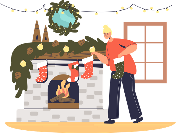Mujer colgando calcetines navideños en la chimenea para preparar la Navidad  Ilustración