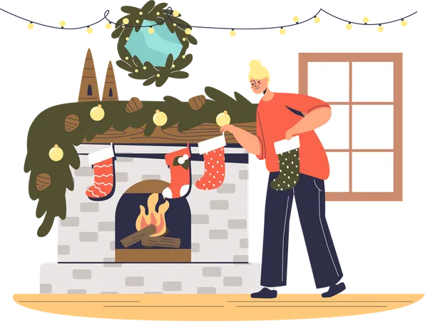 Mujer colgando calcetines navideños en la chimenea para preparar la Navidad  Ilustración