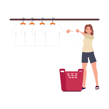 Mujer colgando ropa mojada para secar  Ilustración