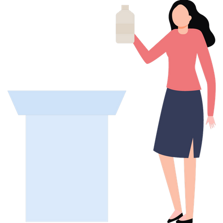 Mujer colocando la botella sobre la mesa  Ilustración