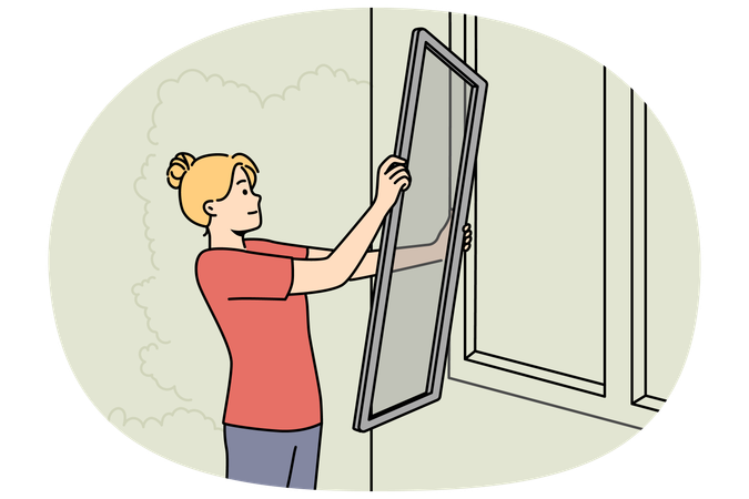 Mujer coloca mosquitera en ventana  Ilustración