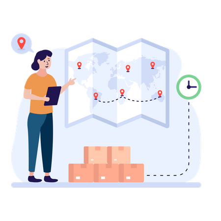 Mujer colocando ubicaciones de envío en un mapa  Ilustración