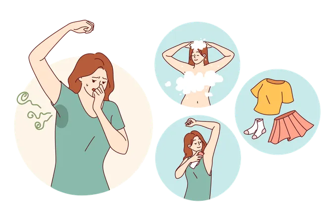 Una mujer combate el olor a sudor usando desodorante y poniéndose ropa limpia después de ducharse.  Ilustración