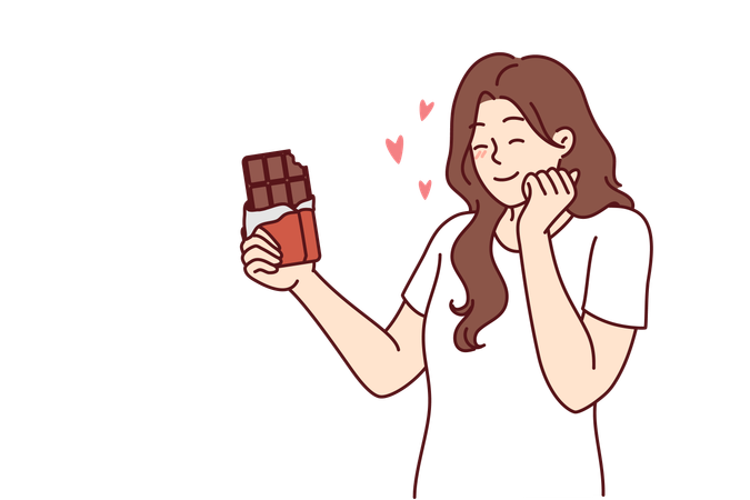 Mujer come barra de chocolate  Ilustración