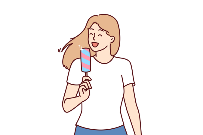 Una mujer come helado para refrescarse en el caluroso verano  Ilustración