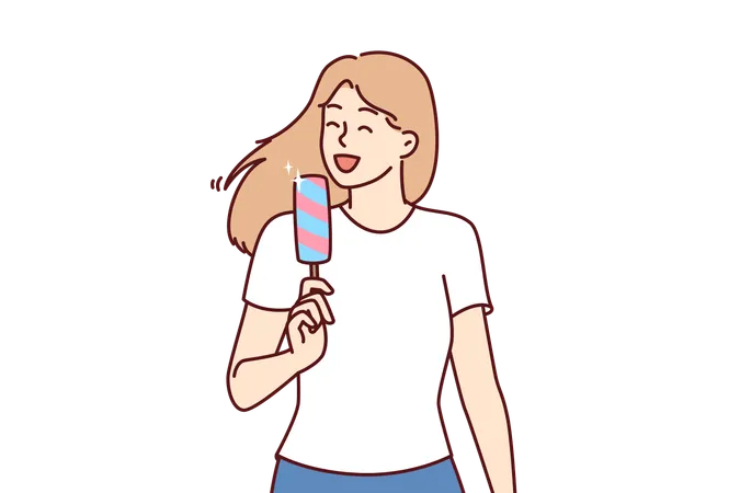 Una mujer come helado para refrescarse en el caluroso verano  Ilustración