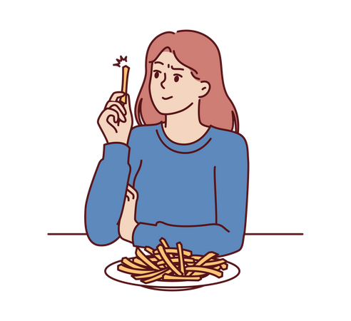 Mujer come papas fritas sin pensar en los riesgos para la salud de la comida rápida  Ilustración