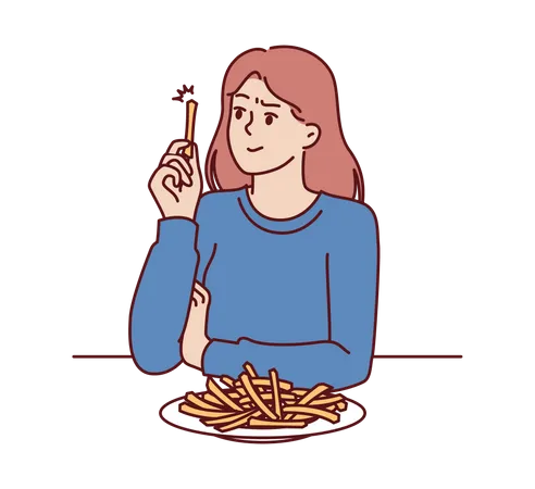 Mujer come papas fritas sin pensar en los riesgos para la salud de la comida rápida  Ilustración