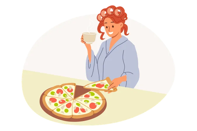 Una mujer come pizza italiana y bebe café parada en la cocina de la casa con rulos y albornoz  Ilustración