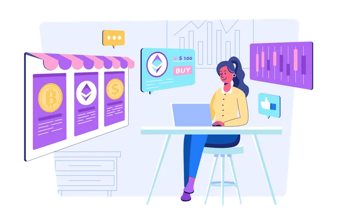 Mujer comerciando con criptomonedas  Ilustración