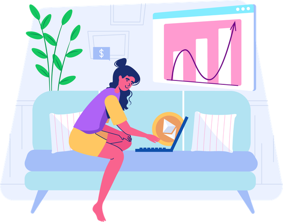 Mujer que comercia con Ethereum en línea  Illustration