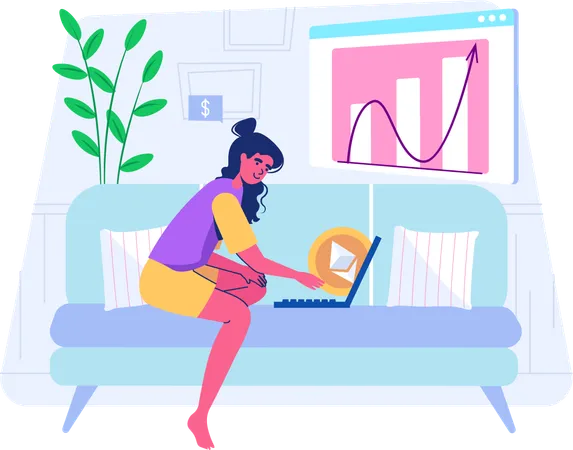 Mujer que comercia con Ethereum en línea  Illustration