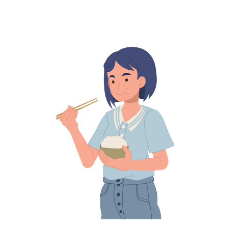 Mujer comiendo arroz con palillos  Ilustración