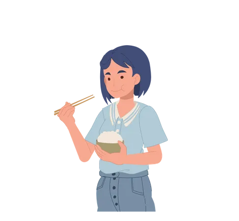 Mujer comiendo arroz con palillos  Ilustración