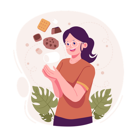 Mujer comiendo chocolate y galletas  Ilustración