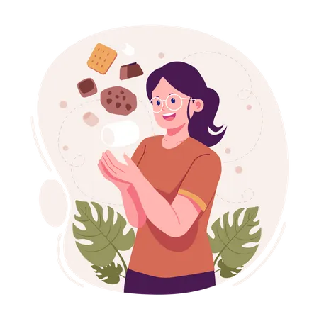 Mujer comiendo chocolate y galletas  Ilustración